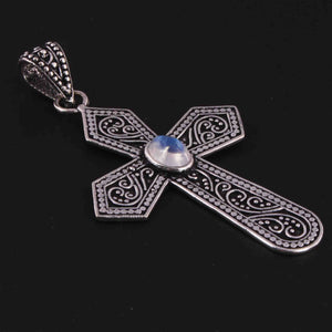 1 Pc Designer Cross 925 Sterling Silver Plated With High Quality White Rainbow  Moonstone Pendant - OS009