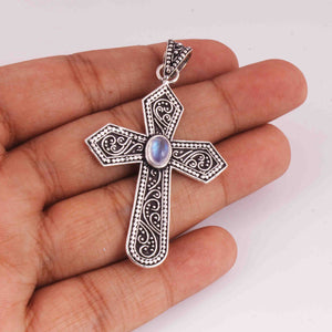 1 Pc Designer Cross 925 Sterling Silver Plated With High Quality White Rainbow  Moonstone Pendant - OS009
