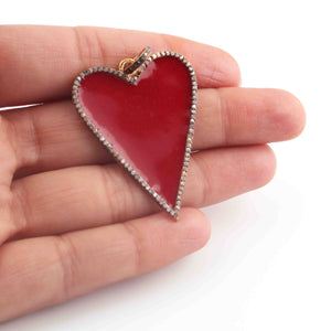 1 Pc Pave Diamond Red Bakelite 925 Sterling Vermeil  Heart Pendant  - Enamel Pendant 40mmx30mm PD502