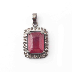 1 Pc Pave Diamond With Ruby Designer Rectangle Pendant Over 925 Sterling Silver 27mmx18mm PD1828