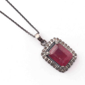 1 Pc Pave Diamond With Ruby Designer Rectangle Pendant Over 925 Sterling Silver 27mmx18mm PD1828