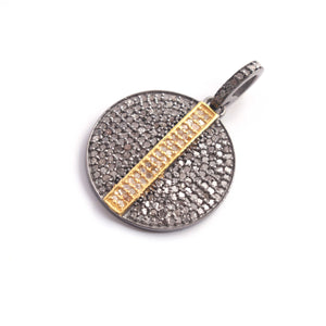 1 PC Antique Finish Pave Diamond Designer Round Pendant - 925 Sterling Silver - Yellow Gold - Diamond Pendant 22mmx19mm PD1875
