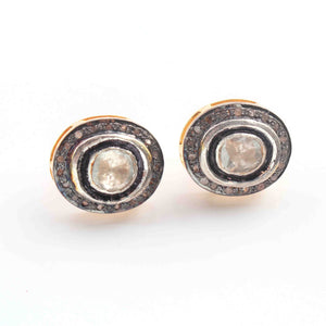 1 Pair Pave Diamond Center in Rose Cut Diamond Oval Stud Earring - 925 Sterling Vermeil -Polki Diamond Stud Earrings 19x17mm ED159