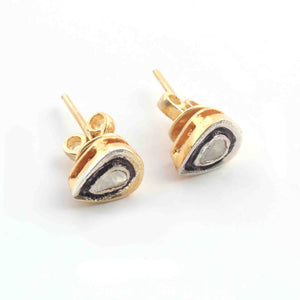 1 Pair Pave Diamond Center in Rose Cut Diamond pear Stud Earring - 925 Sterling Vermeil -Polki Diamond Stud Earrings 7x6mm ED659