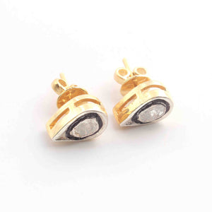 1 Pair Pave Diamond Center in Rose Cut Diamond pear Stud Earring - 925 Sterling Vermeil -Polki Diamond Stud Earrings 10x6mm ED658