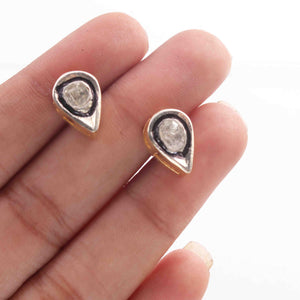 1 Pair Pave Diamond Center in Rose Cut Diamond pear Stud Earring - 925 Sterling Vermeil -Polki Diamond Stud Earrings 10x6mm ED658