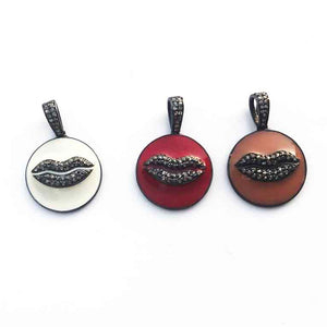1 Pc Pave Diamond Small Bakelite Lips With Round Shape Pendant Over 925 Sterling Silver - (You Choose) PD229