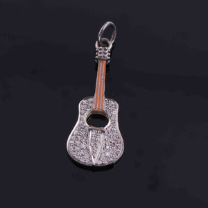 1 Pc Antique Finish Pave Diamond Guitar Pendant - 925 Sterling Silver - Diamond Pendant 33mmx11mm PD2019