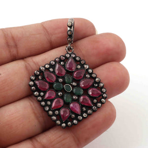 1 Pc Pave Diamond Genuine Ruby Center In Emerald Pendant -925 Sterling Silver -Gemstone Necklace Pendant 37mmx33mm PD1839