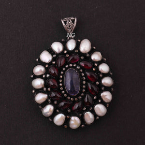 1 Pc Pave Diamond Genuine Pearl & Ruby Center In Tanzanite Pendant -925 Sterling Silver -Gemstone Necklace Pendant 52mmx45mm PD1837