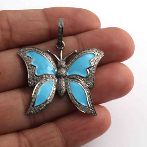 1 Pc Pave Diamond Turquoise - Turquoise Butterfly Pendant - 925 Sterling Silver - 30mmx26mm PD049