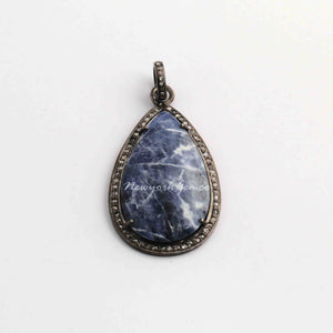 1 PC Pave Diamond Sodalite Pear Pendant Over 925 Sterling Silver - Gemstone Pendant 44mmx25mm PD459