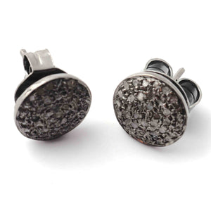 1 Pair Antique finish Pave Diamond Round Stud Earrings With Back Stoppers - 925 Sterling Silver 11mm ED039