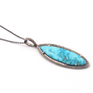 1 Pc Antique Finish Pave Diamond With Turquoise Marquise Shape Pendant - 925 Sterling Silver - Necklace Pendant 48mmx17mm PD1864