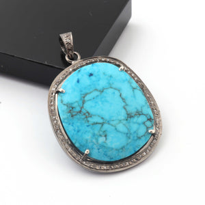 1 Pc Pave Diamond Turquoise Fancy Shape Pendant Over 925 Sterling Silver - Turquoise Necklace Pendant 36mmx28mm PD1879