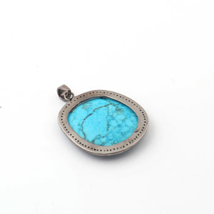 1 Pc Pave Diamond Turquoise Fancy Shape Pendant Over 925 Sterling Silver - Turquoise Necklace Pendant 36mmx28mm PD1879