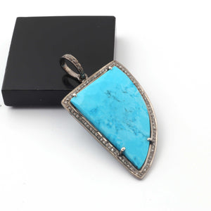 1 Pc Antique Finish Pave Diamond With Turquoise Fancy Shape Pendant - 925 Sterling Silver - Necklace Pendant 42mmx26mm PD1862