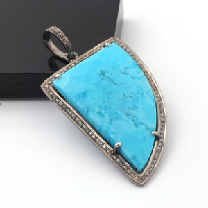 1 Pc Antique Finish Pave Diamond With Turquoise Fancy Shape Pendant - 925 Sterling Silver - Necklace Pendant 42mmx26mm PD1862
