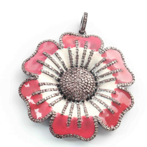 1 Pc Pave Diamond Bakelite Flower Charm Pendant Over 925 Sterling Silver - 45mmx41mm PD2057