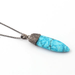 1 Pc Pave Diamond Turquoise Fancy Shape Pendant Over 925 Sterling Silver - Turquoise Necklace Pendant 43mmx12mm PD1865