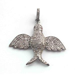 1 Pc Antique Finish Pave Diamond Bird Charms   Designer Bird Pendant - 925 Sterling Silver -Diamond Pendant 32mmx36mm PD2063