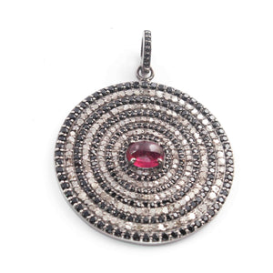 1 Pc Antique Finish Pave Diamond & Black spinel  Designer round Pendant - 925 Sterling Silver -Diamond Pendant 38mmx34mm PD2059