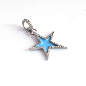 1 Pc Pave Diamond Turquoise Enamel - Bakelite Star Charm Pendant Over 925 Sterling Silver 22mmx19mm PD104