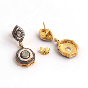 1 Pair Pave Diamond With Rose Cut Diamond Earrings - 925 Sterling Vermeil - Polki Earrings 21mmx14mm-16mmx9mm ED317