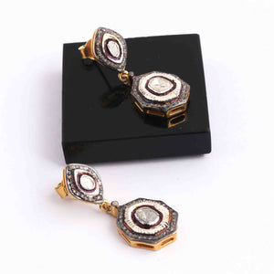 1 Pair Pave Diamond With Rose Cut Diamond Earrings - 925 Sterling Vermeil - Polki Earrings 21mmx14mm-16mmx9mm ED317