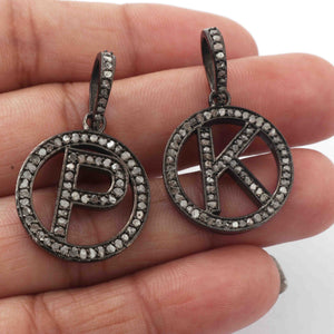 1 PC Pave Diamond Letter "K,N,O,P,Q,R,T,U,V,X,Y,Z," Round Shape Pendant Over 925 Sterling Silver - 23mmx20mm-12mmx10mm GVPD001