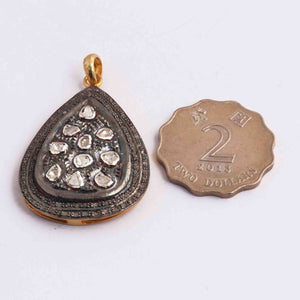 1 Pc Pave Diamond With Rose cut Diamond Pear Pendant - 925 Sterling Vermeil - Polki Pendant 43mmx29mm PD1809