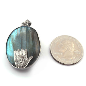 1 Pc Pave Diamond Labradorite With Hamsa Pendant Over 925 Sterling Silver - Oval Shape Pendant 36mmx24mm PD1652