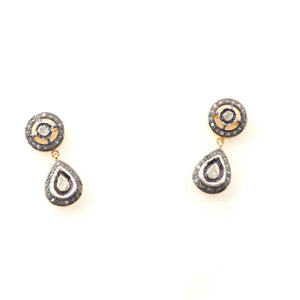 1 Pair Pave Diamond With Rose Cut Diamond Earrings - 925 Sterling Vermeil - Polki Earrings 32mmx11mm ED048