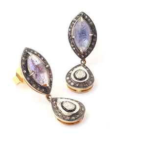 1 Pair Pave Diamond With Tanzanite Earring- Rose Cut Diamond Earrings - 925 Sterling Vermeil - Polki Earrings 43mmx13mm ED038