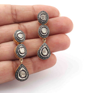 1 Pair Pave Diamond With Rose Cut Diamond Earrings - 925 Sterling Vermeil - Polki Earrings 27mmx10mm ED035