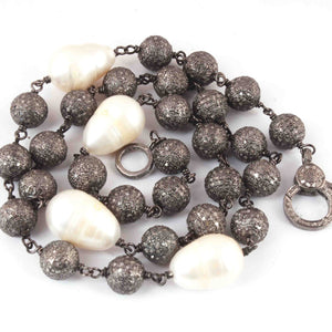Pave Diamond balls with Pearl  Beaded Necklace - Necklace With Lobster - Long Knotted Beads Necklace - Diamond balls Necklace (Without Pendant) BN046