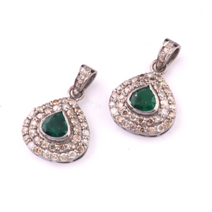 1 PC Genuine Pave Diamond With Emerald Pendant - Necklace Heart Pendant 18mmx15mm PD1473