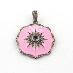 1 Pc Pave Diamond Pink Bakelite Flower With Tanzanite in center - 925 Sterling Silver 33mmx30mm PD1083