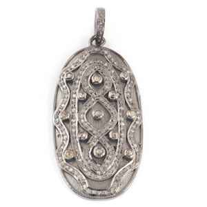 1 Pc Antique Finish Pave Diamond & Double Cut Diamond Designer Oval Pendant - 925 Sterling Silver- Necklace Pendant 49mmx25mm PD1436