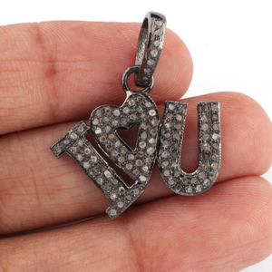 1 Pc Antique Finish Pave Diamond Designer " I Love You" Pendant - 925 Sterling Silver- Necklace Pendant 20mmx24mm PD1486