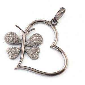 1 Pc Antique Finish Pave Diamond Heart Pendant - 925 Sterling Silver- Love Necklace Pendant 40mmx36mm PD1487