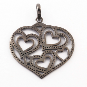 1 Pc Antique Finish Pave Diamond Heart Pendant - 925 Sterling Silver- Love Necklace Pendant 40mmx42mm PD1447