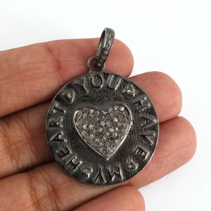 1 Pc Antique Finish Pave Diamond Designer Round Heart Pendant - 925 Sterling Silver- Love Necklace Pendant 33mmx29mm PD1357