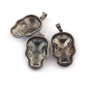 1 Pc Pave Diamond Turquoise, Black & Silver Enamel-Bakelite Skull Pendant 925 Sterling Silver 38mmx23mm PD161