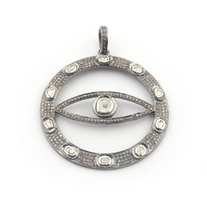 1 PC Pave Diamond Evil Eye With Rose Cut Diamond Round Pendant - 925 Sterling Silver 48mmx44mm PD751