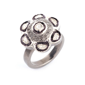 1 PC Pave Diamond With Rose Cut Diamond Round Ring - 925 Sterling Silver- Polki Ring Rd030