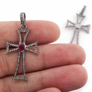 1 Pc Pave Diamond Ruby & Rainbow Moonstone Cross Pendant Over 925 Sterling Silver 34mmx19mm PD644