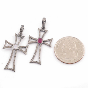 1 Pc Pave Diamond Ruby & Rainbow Moonstone Cross Pendant Over 925 Sterling Silver 34mmx19mm PD644