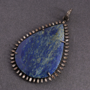 1 Pc Antique Finish Baguette Diamond, Blue Quartz Pear Pendant - 925 Sterling Silver - Necklace Pendant 56mmx39mm PD1202