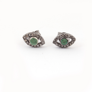 1 Pair Pave Diamond With Emerald Evil Eye Stud Earrings With Back Stoppers - 925 Sterling Silver 10mmx6mm ED091